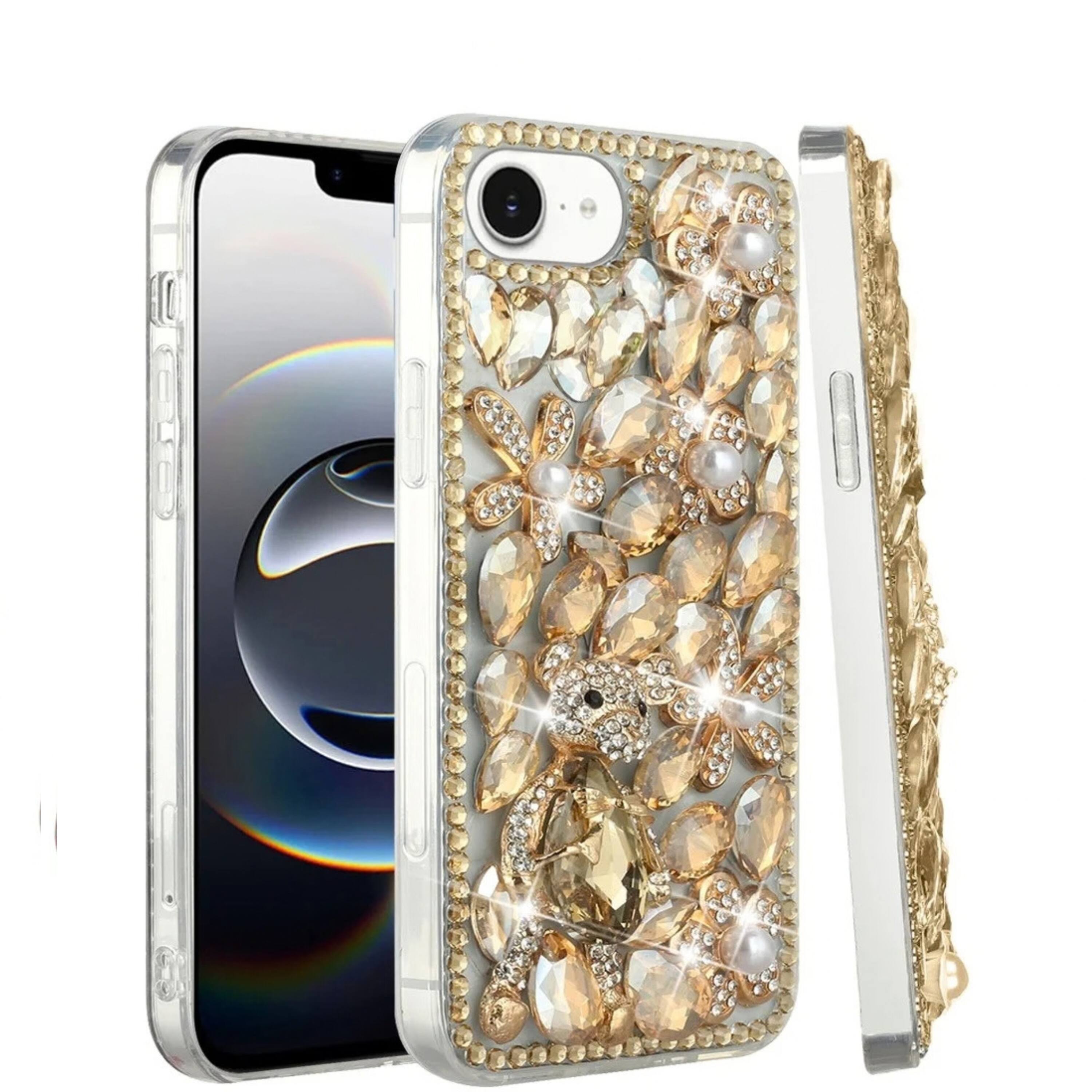 Angle. Kitcheniva - Full Diamond Faux 3D Jewel Phone Case With Tempered Glass For iPhone 16e 17e Gold Floral - Gold.