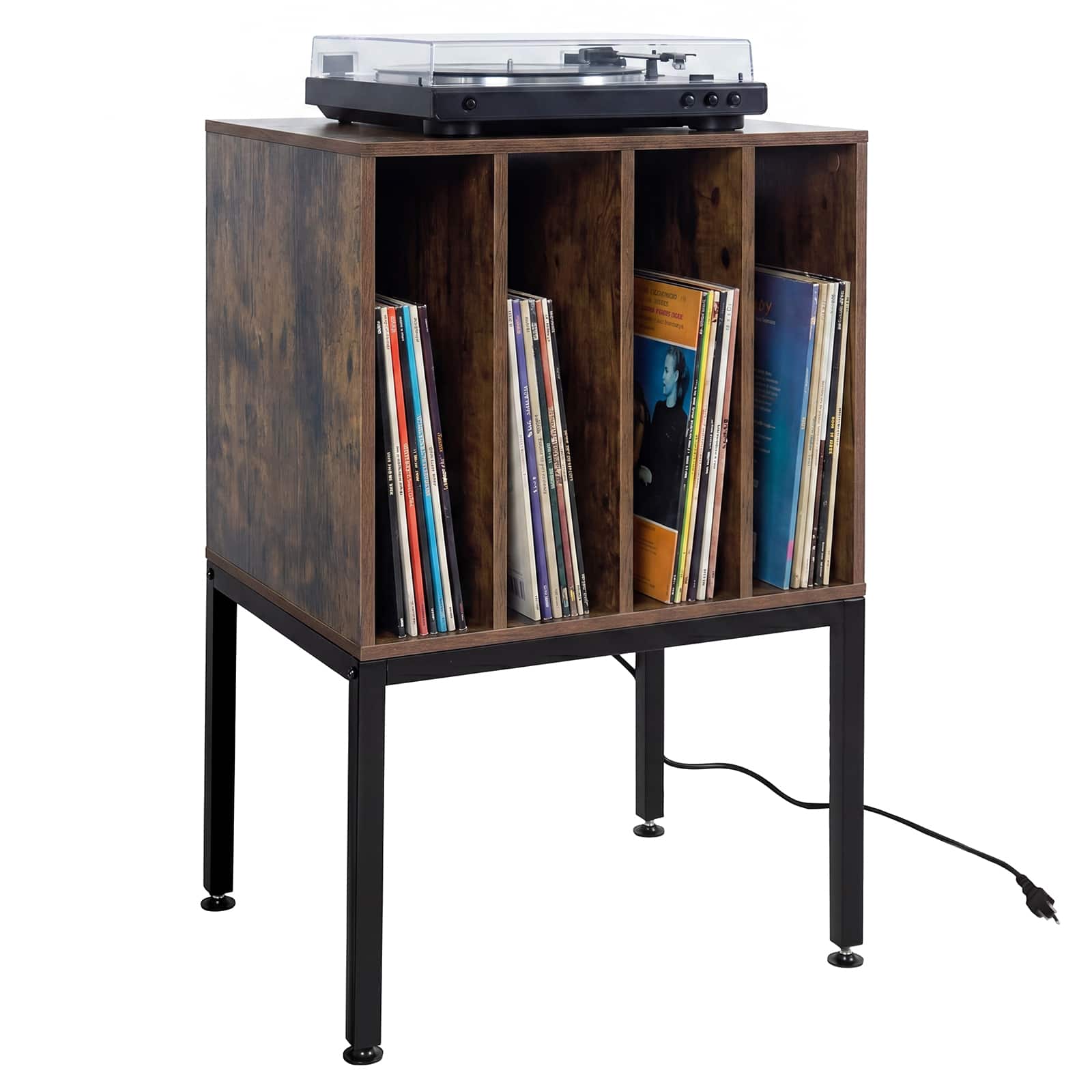 Costway - Record Player Stand with Power Outlets,Turntable Station with Divider Holds150 Records - Rustic Brown