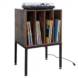 Costway - Record Player Stand with Power Outlets,Turntable Station with Divider Holds150 Records - Rustic Brown