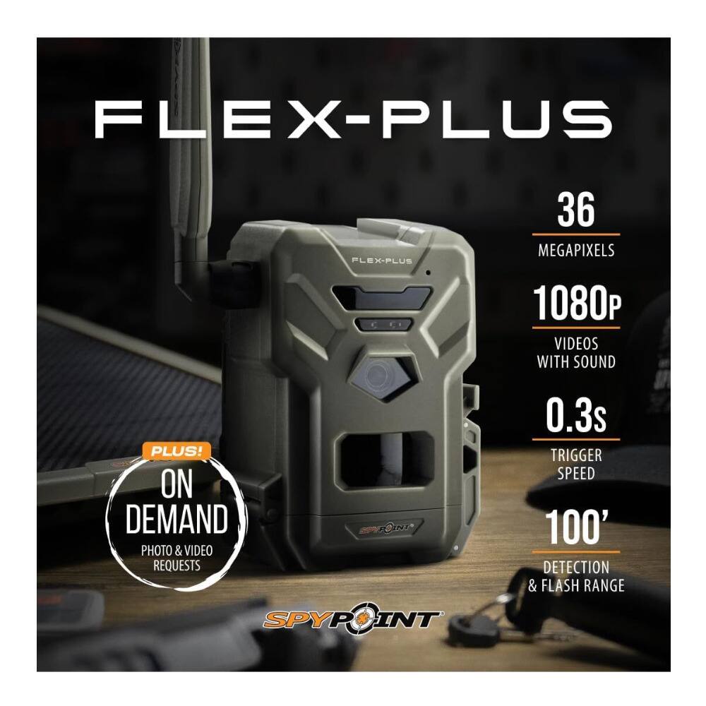 FLEX-PLUS  
36 MEGAPIXELS  
1080P VIDEOS WITH SOUND  
PLUS! ON DEMAND PHOTO & VIDEO REQUESTS  
0.3s TRIGGER SPEED  
100' DETECTION & FLASH RANGE  
SPYPOINT SPYRINT