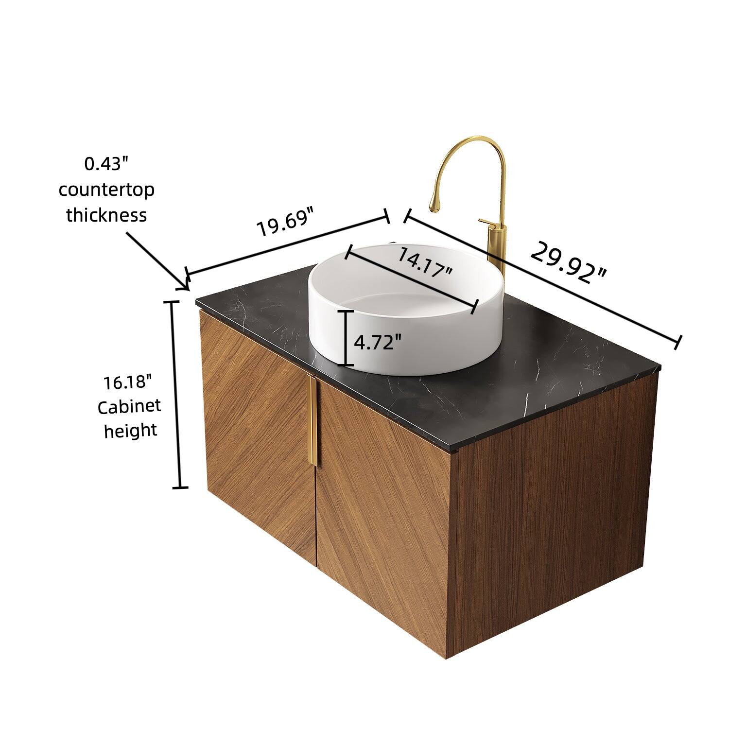 - 0.43" countertop thickness
- 19.69"
- 14.17"
- 29.92"
- 4.72"
- 16.18" Cabinet height