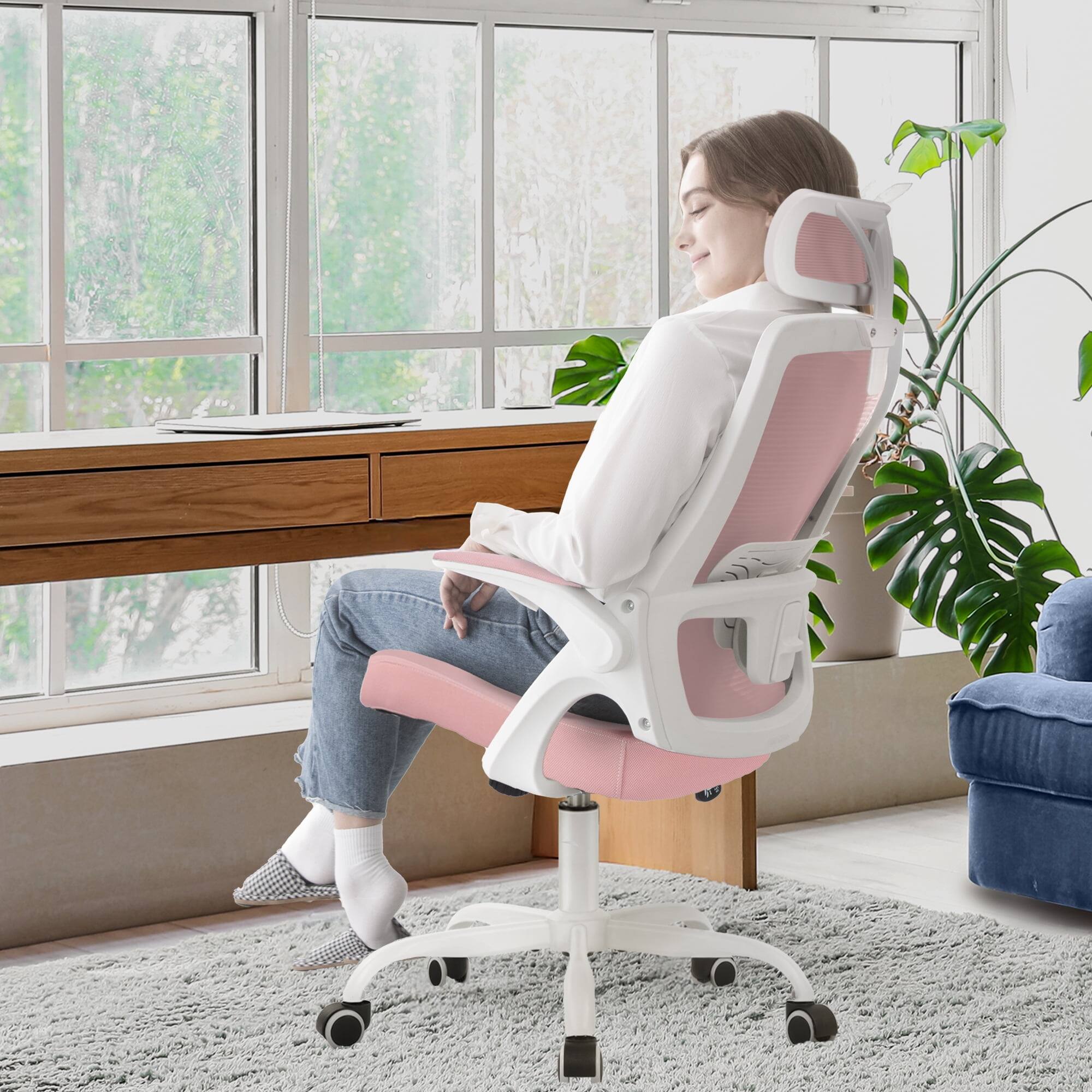 Alt View 1. Neo Chair - Office Desk Computer Mesh Chair High Back Comfy Adjustable Ergonomic Headrest Lumbar Rolling Flip-up Armrests Steel Base - Steel Base-Pink.
