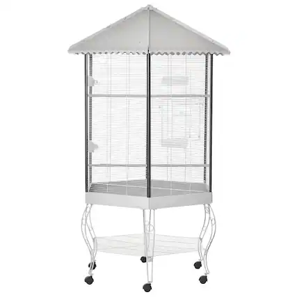 Front. Pawhut - 77" Flight Bird Cage Hexagon Covered Canopy Portable Aviary With Storage.