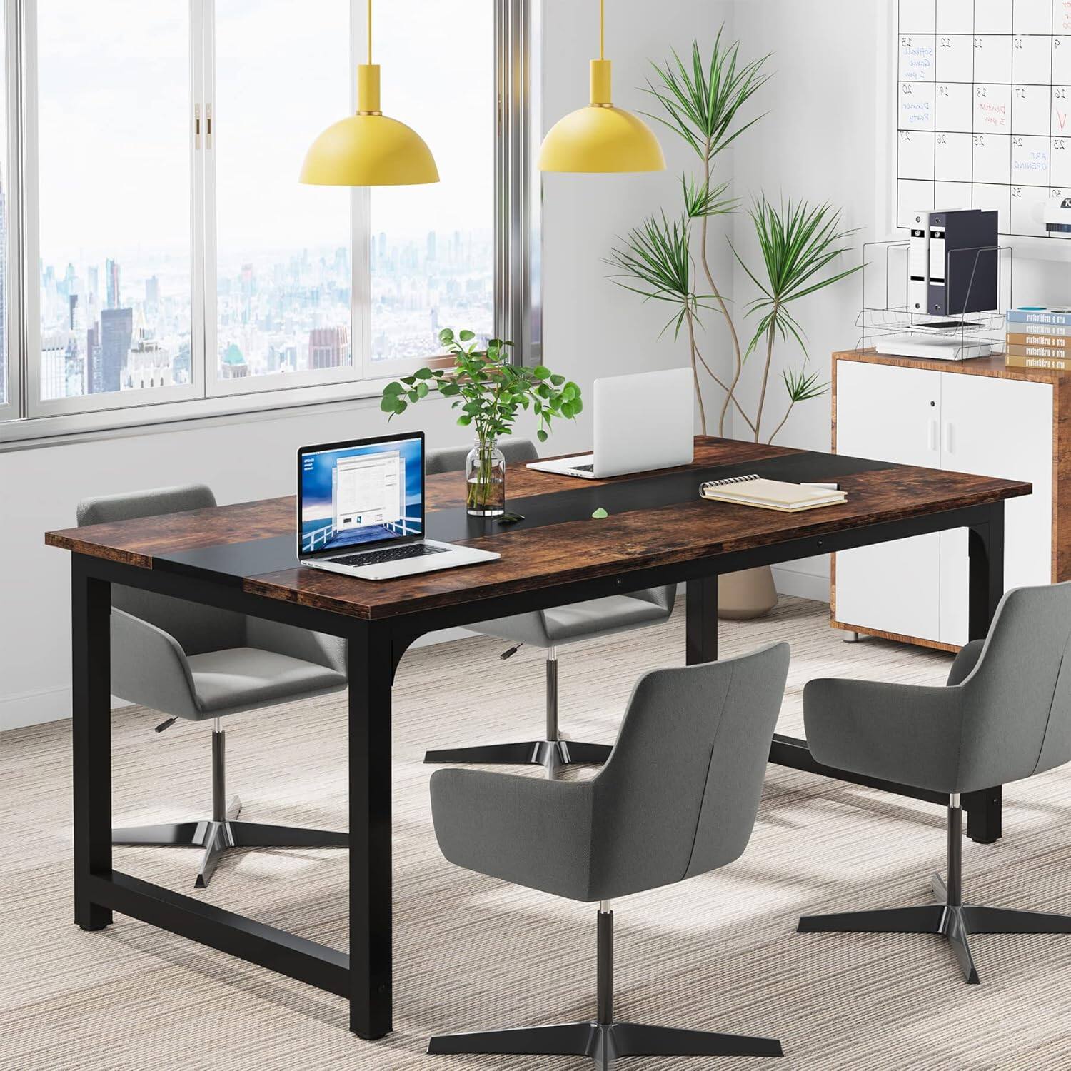 APRILSOUL - 63in Large Modern Desk with Steel Frame Industrial Workstation with Spacious Desktop and Adjustable Feet Brown Black - Brown+Black