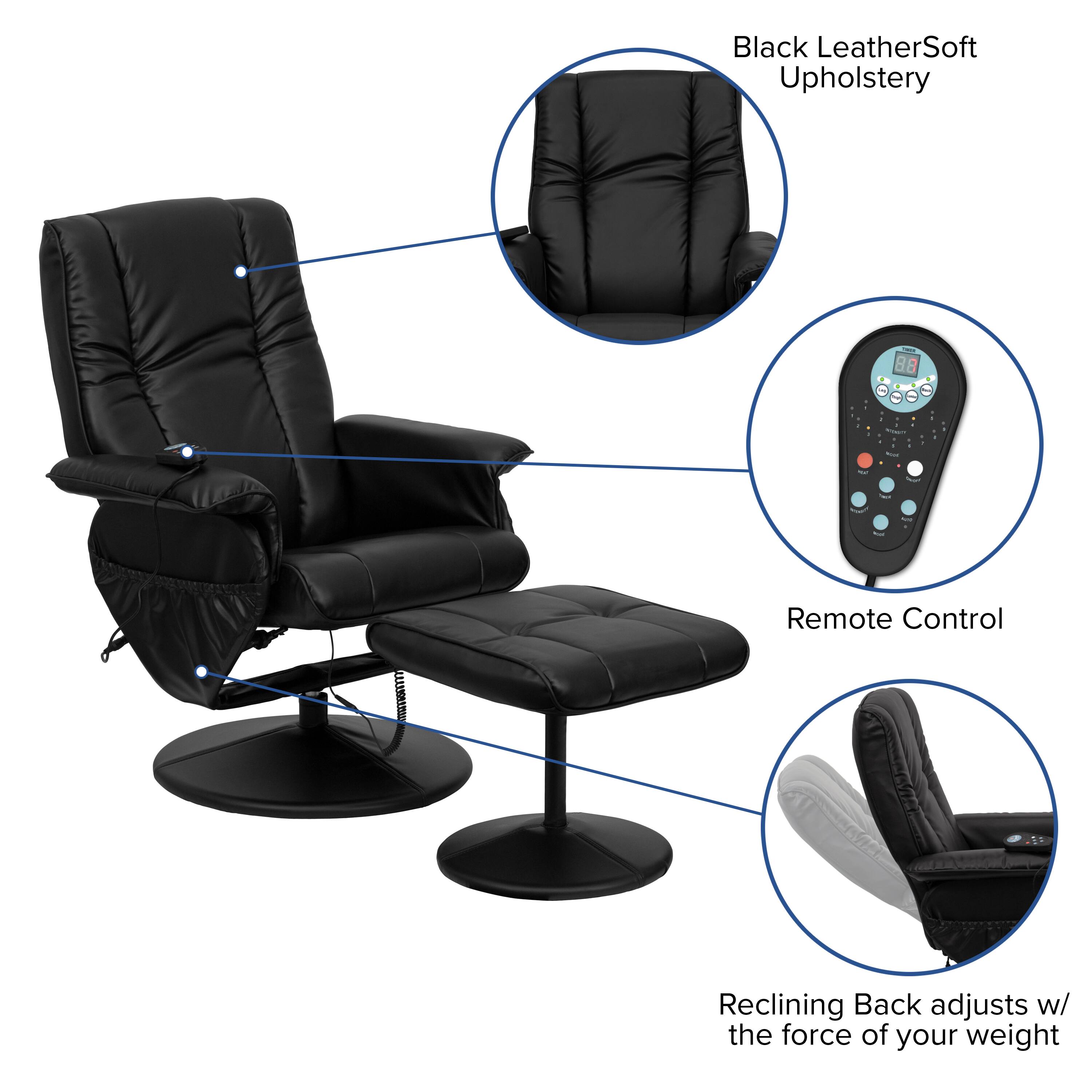 Black LeatherSoft Upholstery  
Remote Control  
Reclining Back adjusts w/ the force of your weight