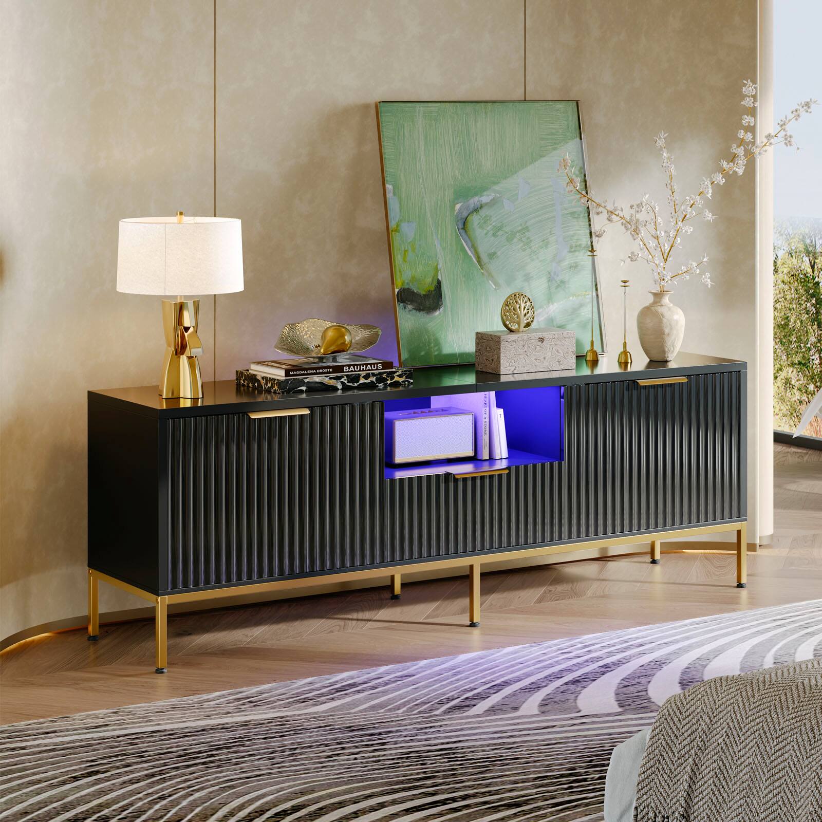Alt View 1. Bestier - Bestier 55" Fluted Gaming TV Stand for 60" TV Sleek Media Console with Wave-Patterned Buffet Cabinet - Black.