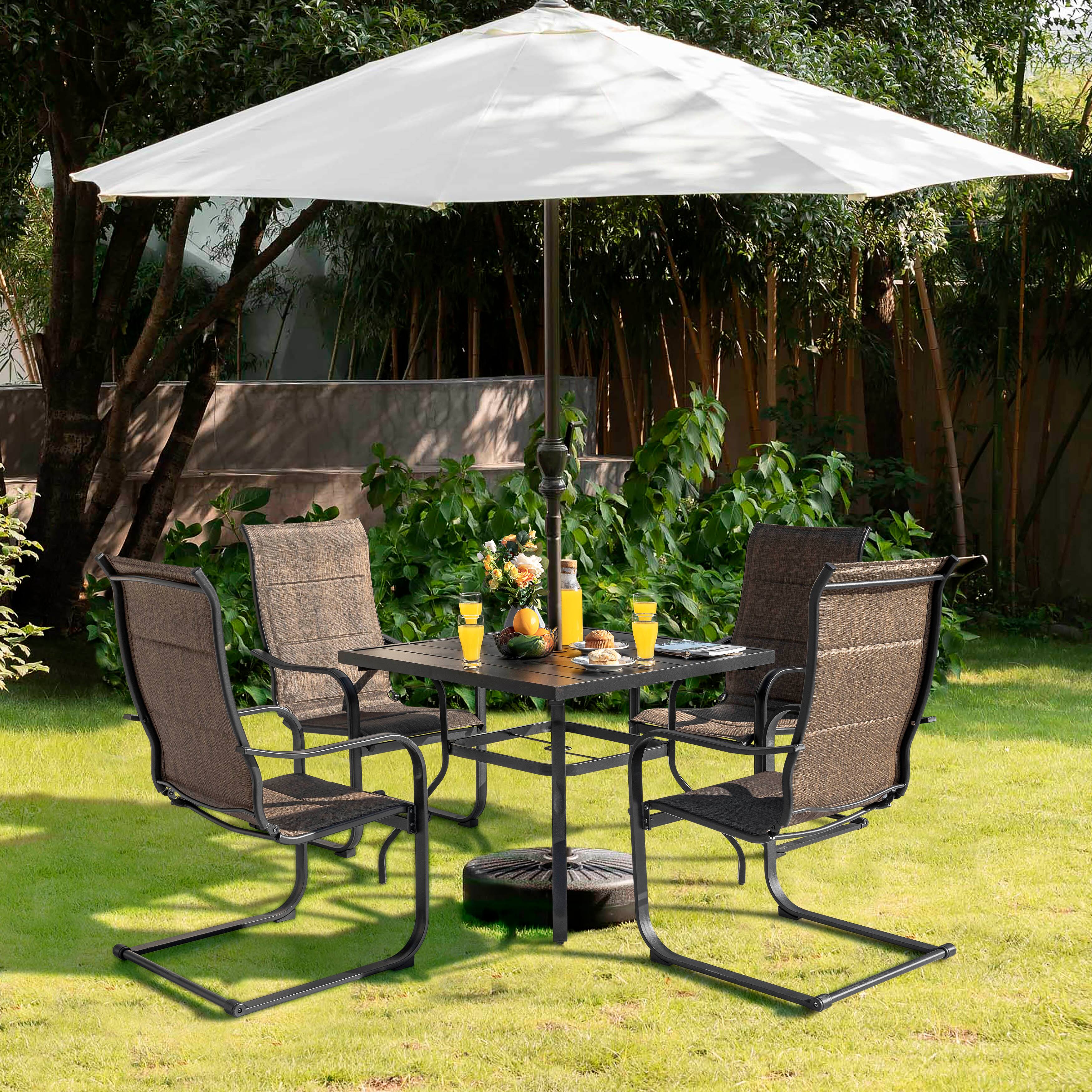 Angle. Nuu Garden - Patio 5-Piece Dining Set, Premium Textilene Chairs, Square Iron Table - Brown.