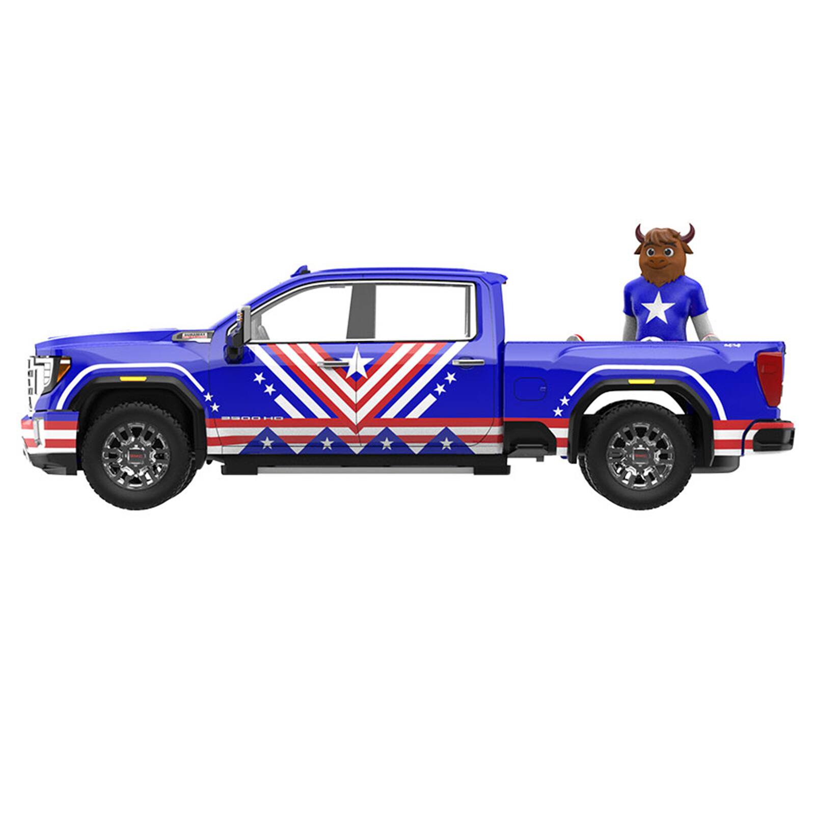Alt View 1. Greenlight - 2022 GMC Sierra 3500 HD Truck Blue with American Soccer Graphics with Bison Figure 1/64 Diecast Model Car by Greenlight.