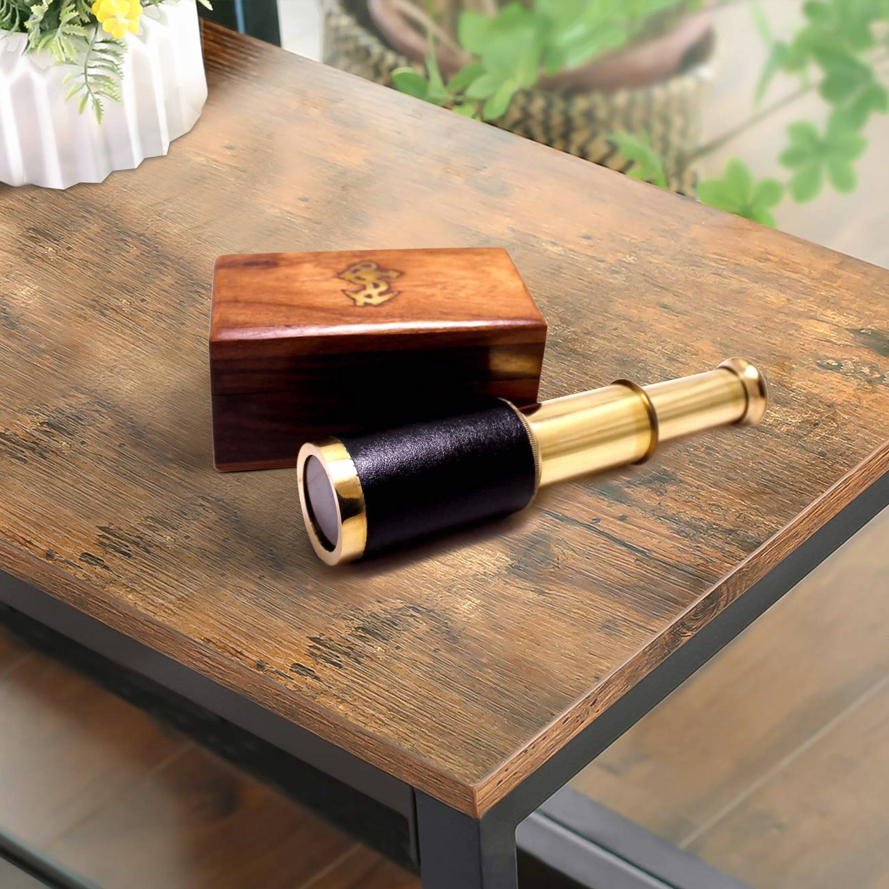 Alt View 5. Manhattan Lane - Small Brass Telescope with Pullout Wooden Box - Gold and Brown.