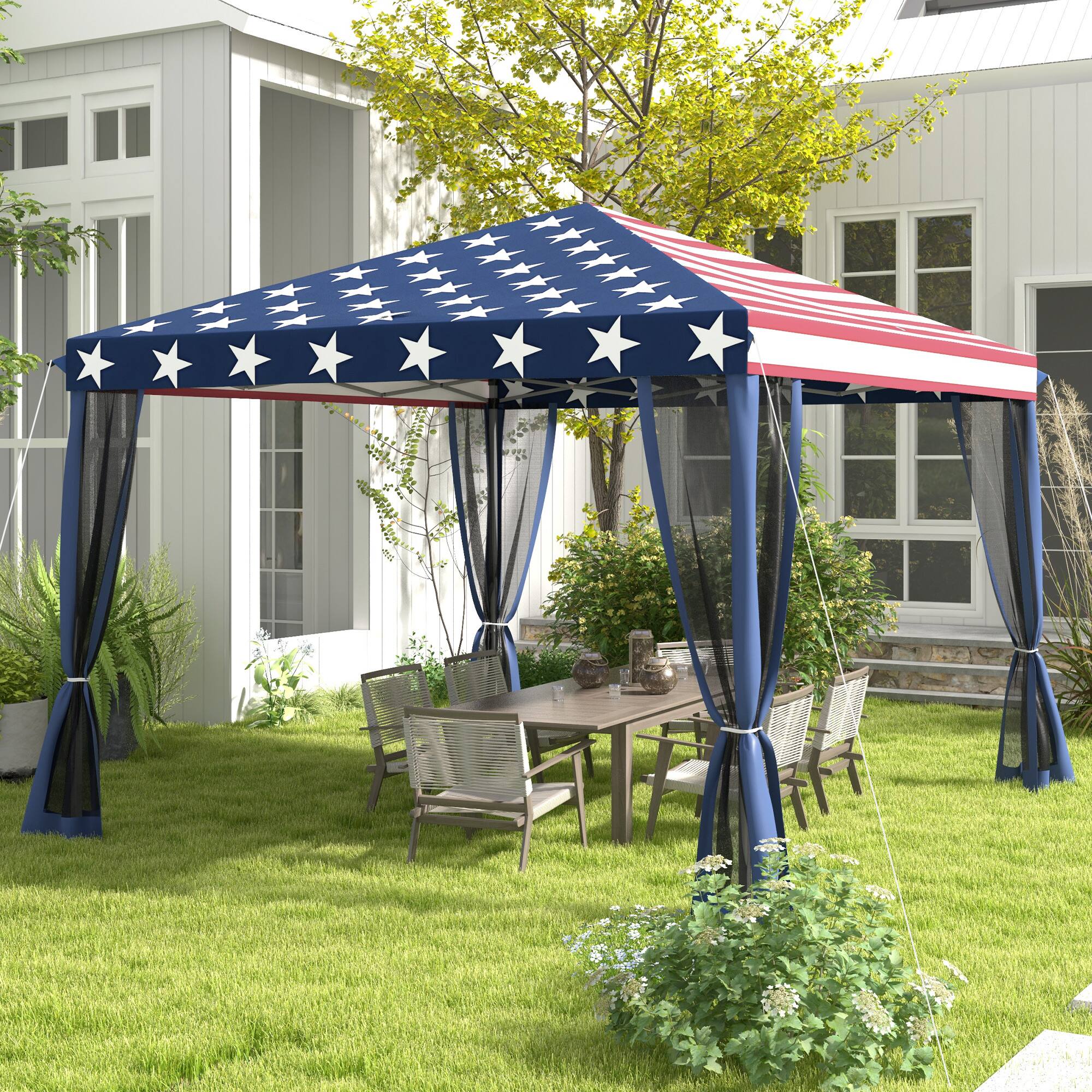 Alt View 1. Outsunny - 10' x 10' Pop Up Canopy Tent with Netting, Instant Gazebo, Screen House Room with Carry Bag, Height Adjustable - Blue and Red.