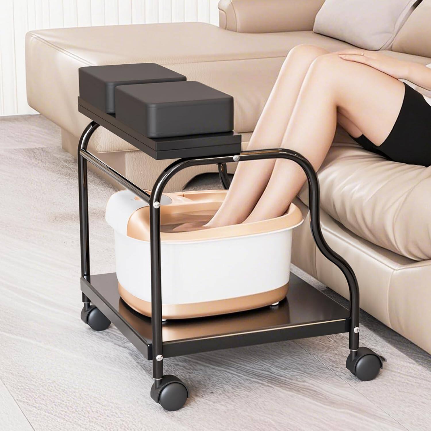 Left. Winado - Pedicure Cart Foot Bath Trolley, Portable Salon Rolling Cart, Adjustable Manicure & Foot Massage Stool with PU Cushion - Black.