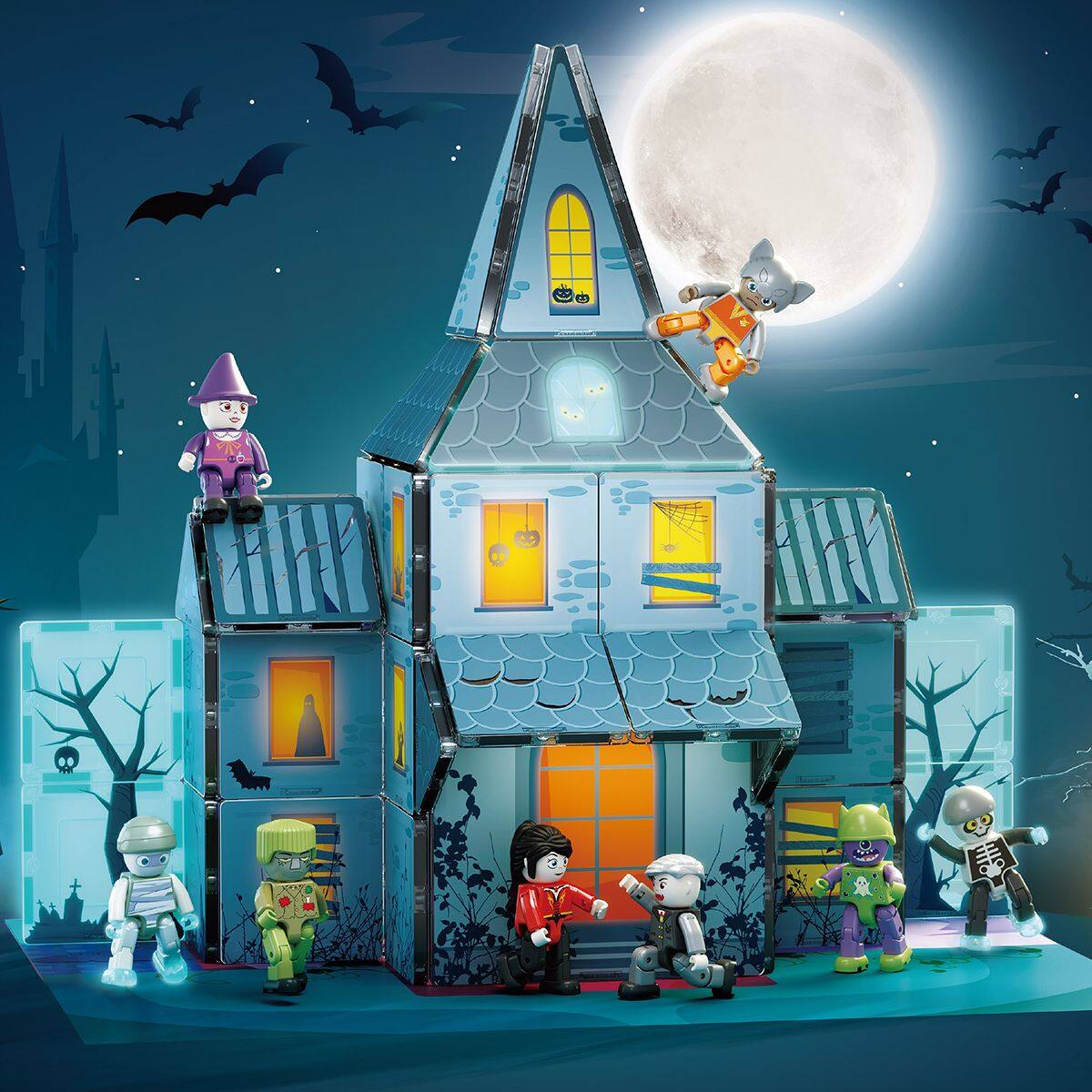 Alt View 5. PicassoTiles - PICASSO-TILES Magnetic Tiles for Kids, 57PCS Haunted Horror House Theme, STEM Building Blocks Educational Toy - Multicolor.