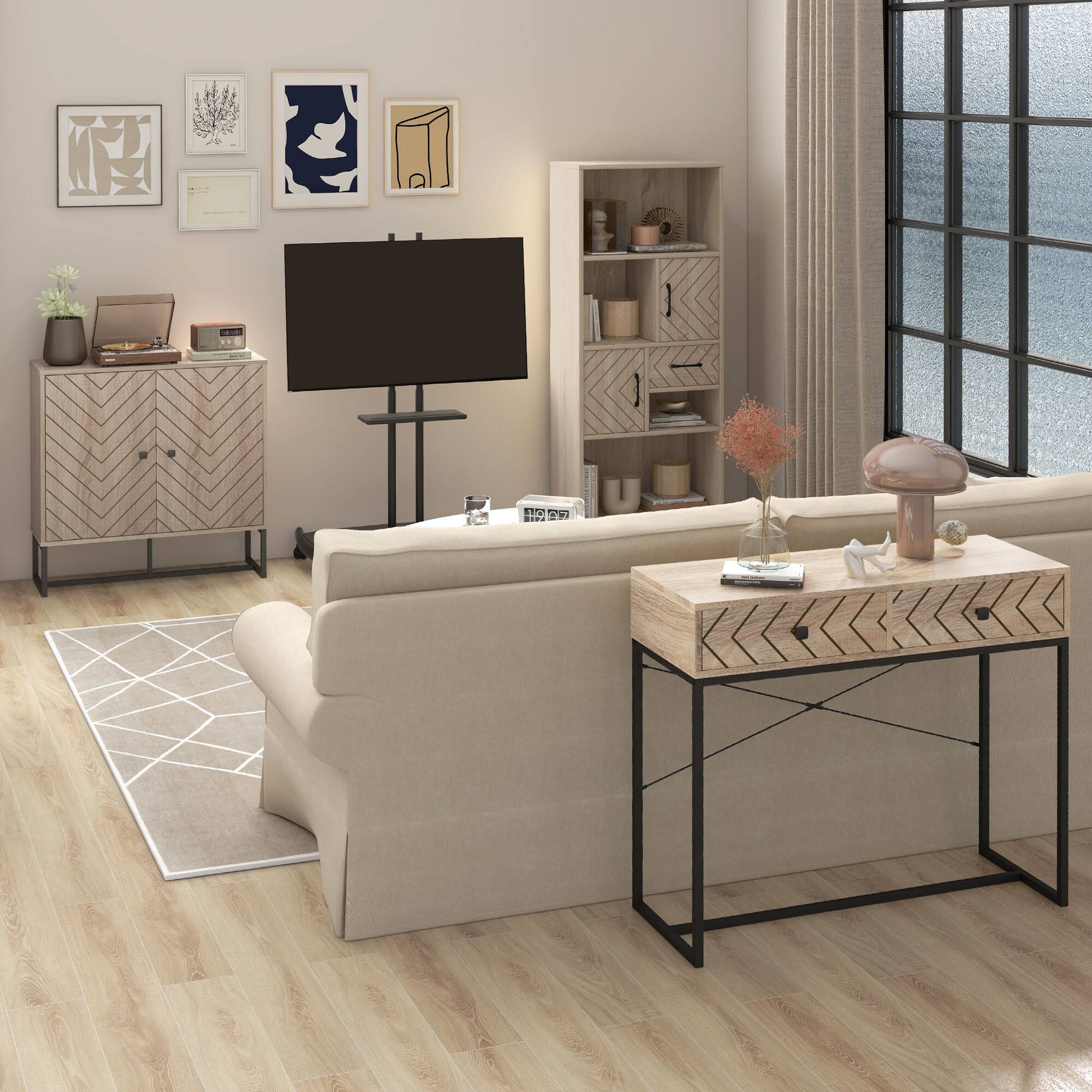 Alt View 8. Homcom - Buffet Cabinet, Modern Sideboard with Adjustable Shelf, Steel Base and 2 Chevron Doors - Natural Wood.
