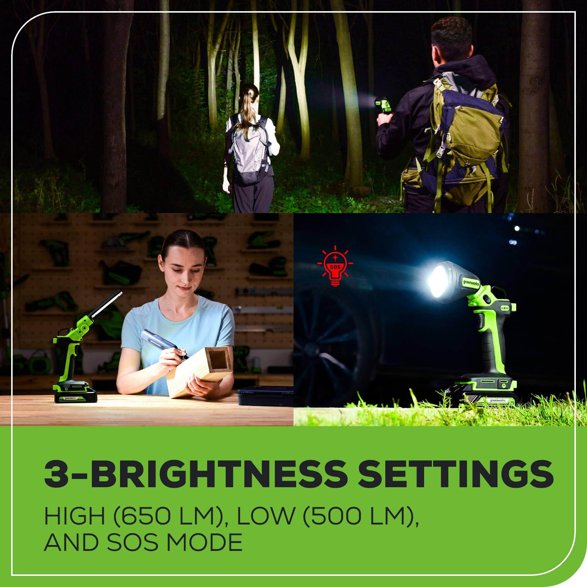 3-BRIGHTNESS SETTINGS HIGH (650 LM), LOW (500 LM), AND SOS MODE