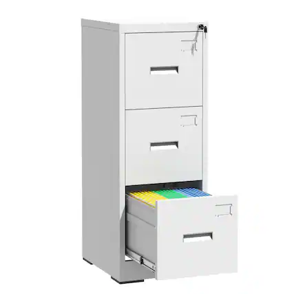 Front. Mirfee - 3-Drawer Locking File Cabinet, Metal Vertical Organizer for A4/Legal/Letter Files - White.