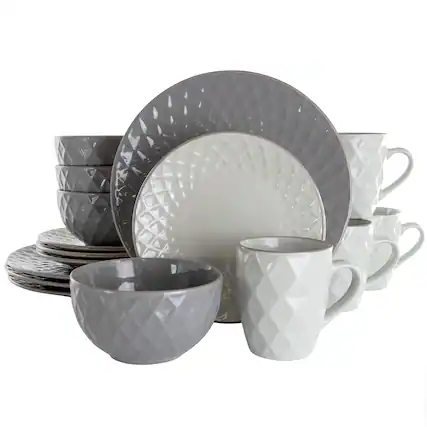 Front. Elama - Elama Tahitian Diamond 16 Piece Stoneware Dinnerware Set in Slate and Pearl - Slate.