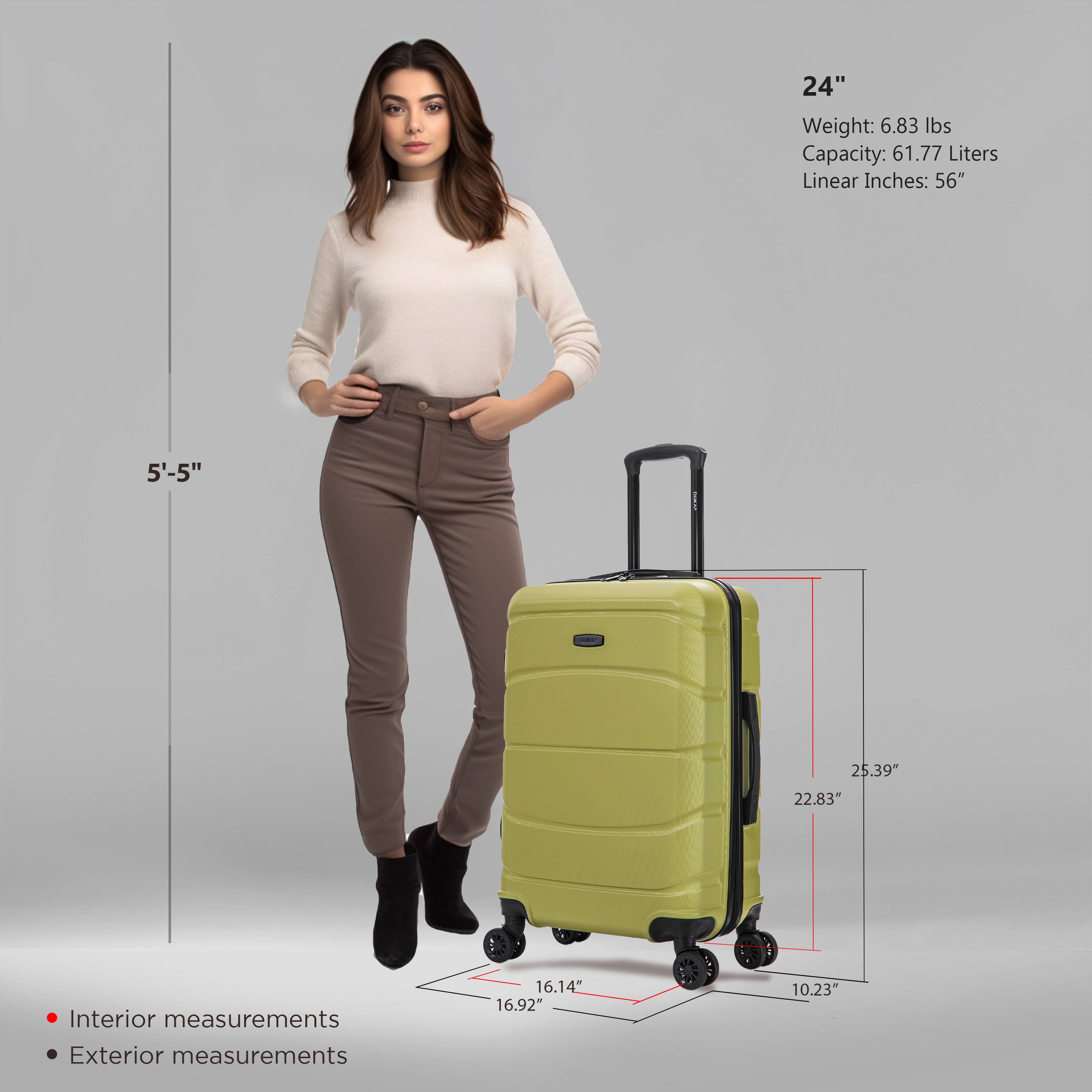 - **24"**
  - Weight: 6.83 lbs
  - Capacity: 61.77 Liters
  - Linear Inches: 56"

- **5'-5"**

- **Interior measurements**
  - 16.14"
  - 16.92"
  - 10.23"

- **Exterior measurements**
  - 25.39"
  - 22.83"