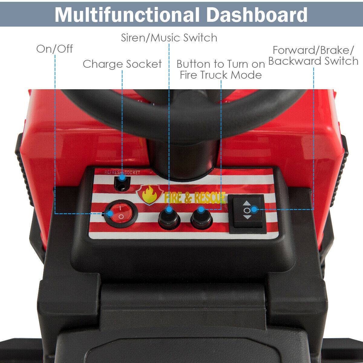 Multifunctional Dashboard

- On/Off
- Charge Socket
- Siren/Music Switch
- Button to Turn on Fire Truck Mode
- Forward/Brake/Backward Switch

REFRESH SOCKET

FIRE & RESCUE