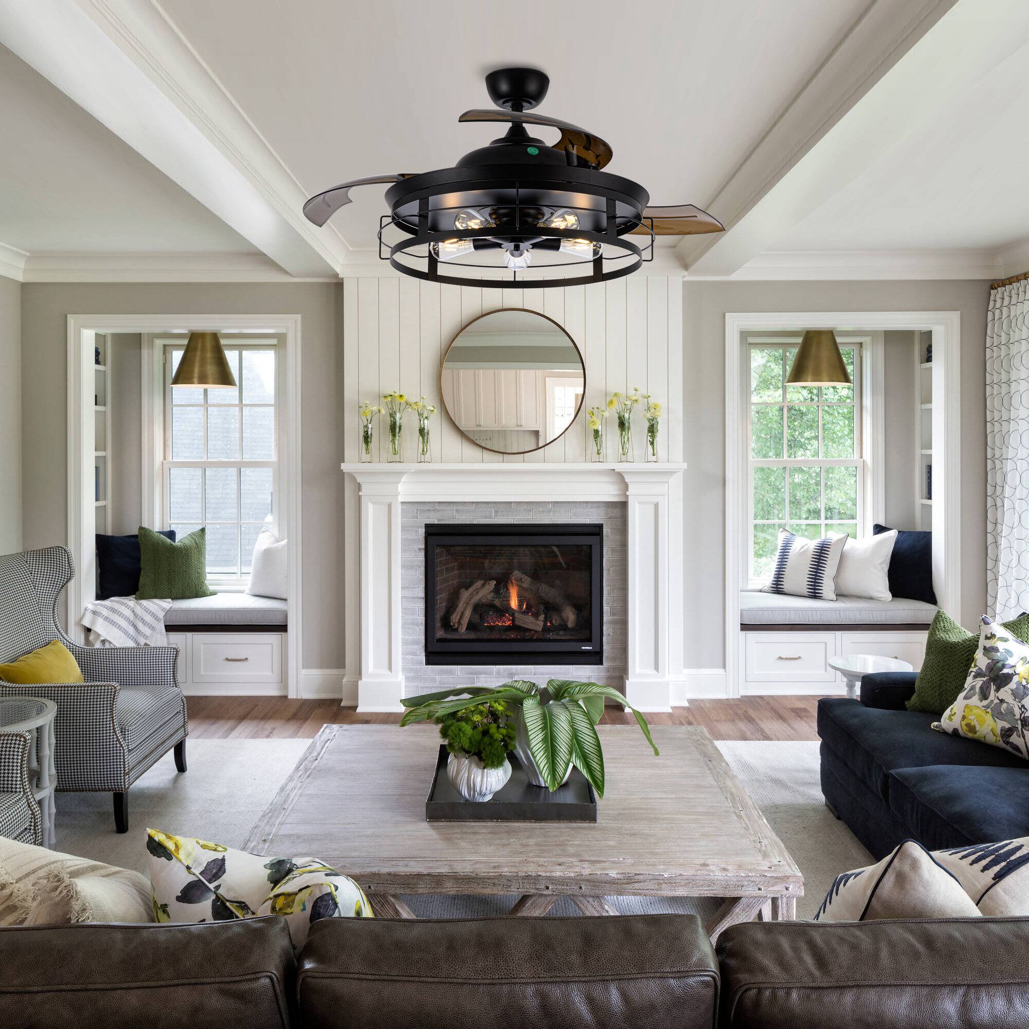 Left. Parrot Uncle - 52" Industrial Retractable 3-Blade Ceiling Fan Chandelier with Remote - Black.