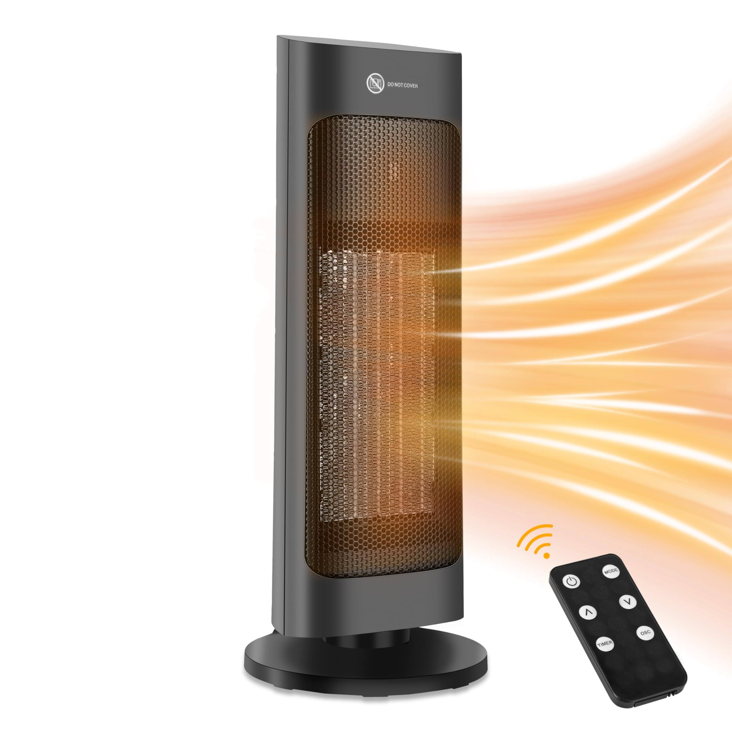 ZACHVO - 1500W Oscillating Ceramic Tower Heater, Remote Control, Timer, Overheat & Tip-Over Protection - Black