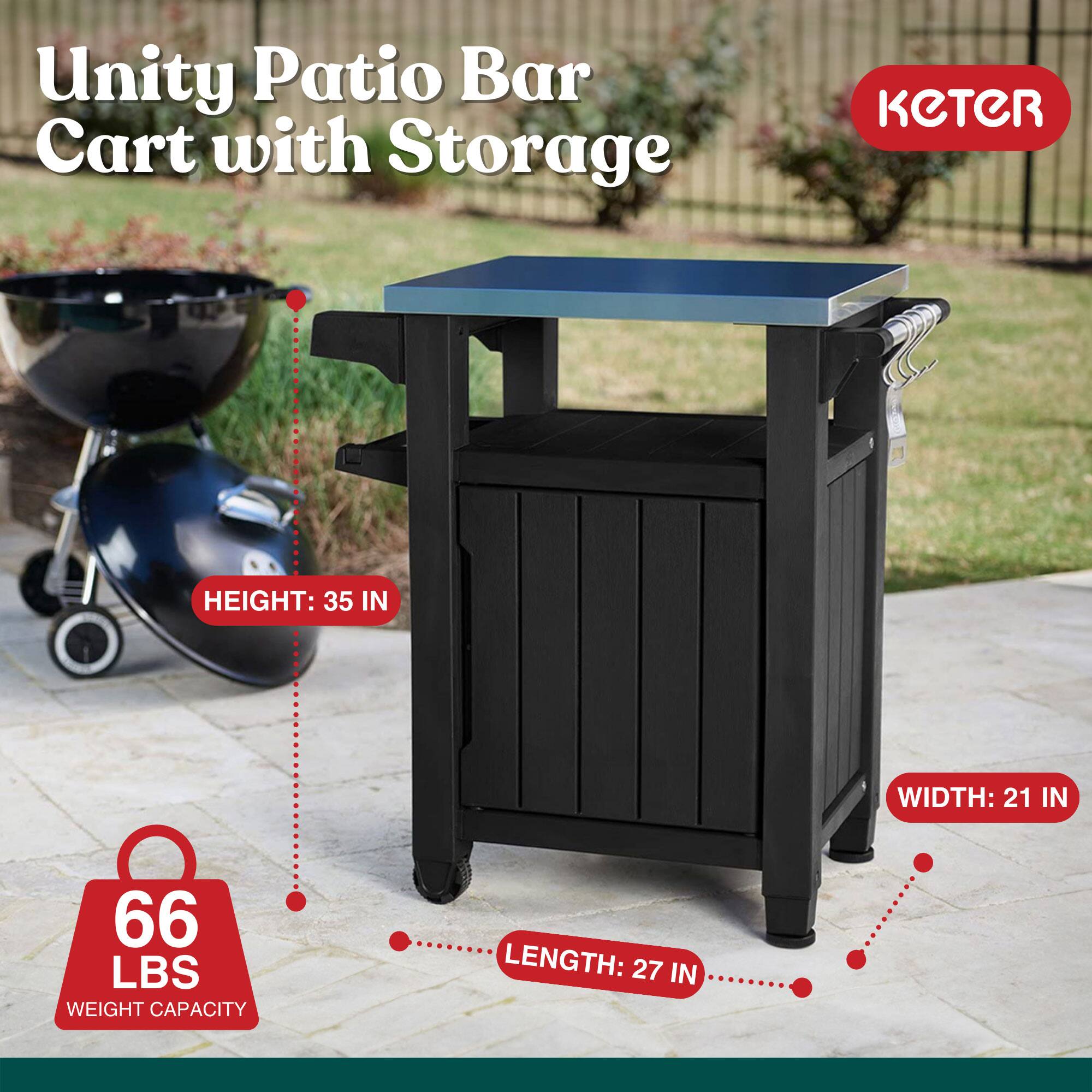 Unity Patio Bar Cart with Storage

- HEIGHT: 35 IN
- WIDTH: 21 IN
- LENGTH: 27 IN
- WEIGHT CAPACITY: 66 LBS

KETER