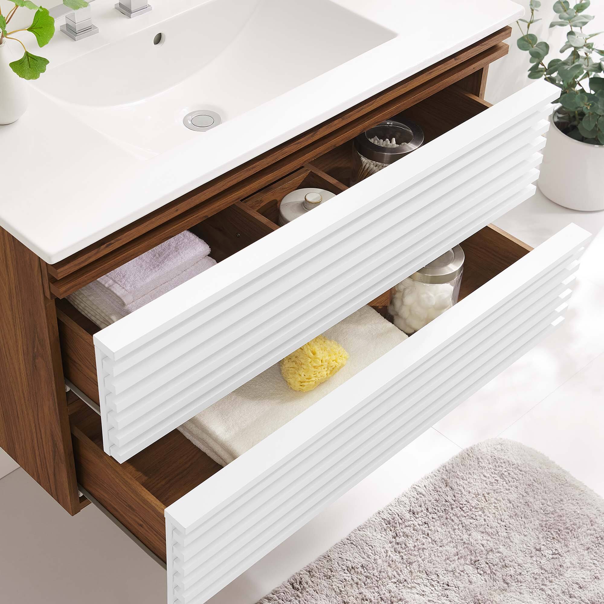 Back. Modway - Render Wall-Mount Bathroom Vanity with White Basin Included - White Walnut White.
