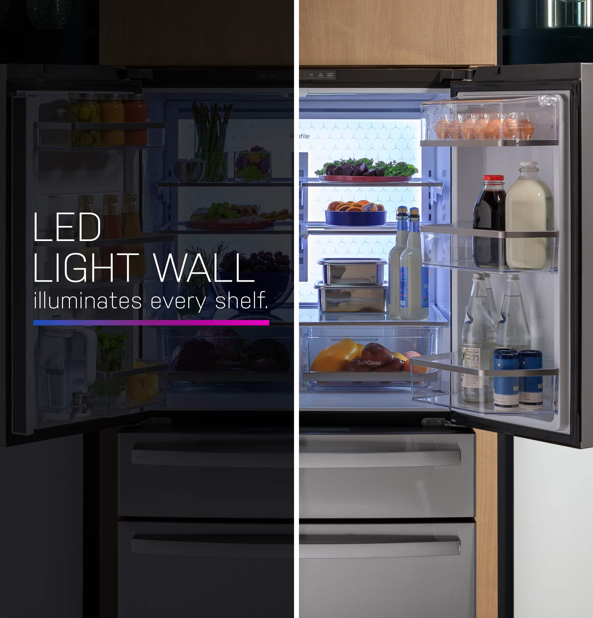 The image features a refrigerator with its light on, illuminating every shelf. The refrigerator is filled with various food items, including fruits, vegetables, and bottles. The lighting in the refrigerator is designed to make it easy to find and access the items stored inside.