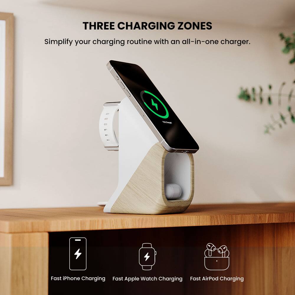 Three Charging Zones: Simplify your charging routine with an all-in-one charger. Fast iPhone Charging, Fast Apple Watch Charging, Fast AirPod Charging.