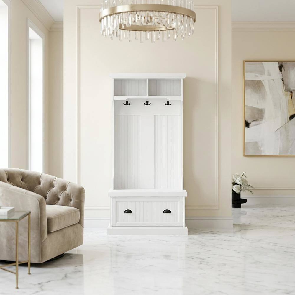 Alt View 4. FurniFact - Wood hall tree with storage bench and coat hooks for entryway - White.
