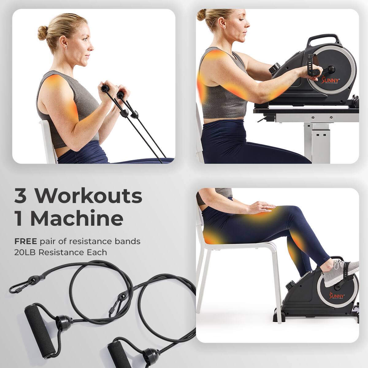 SUNNY, 3 Workouts 1 Machine, FREE pair of resistance bands 20LB Resistance Each, SUNNY