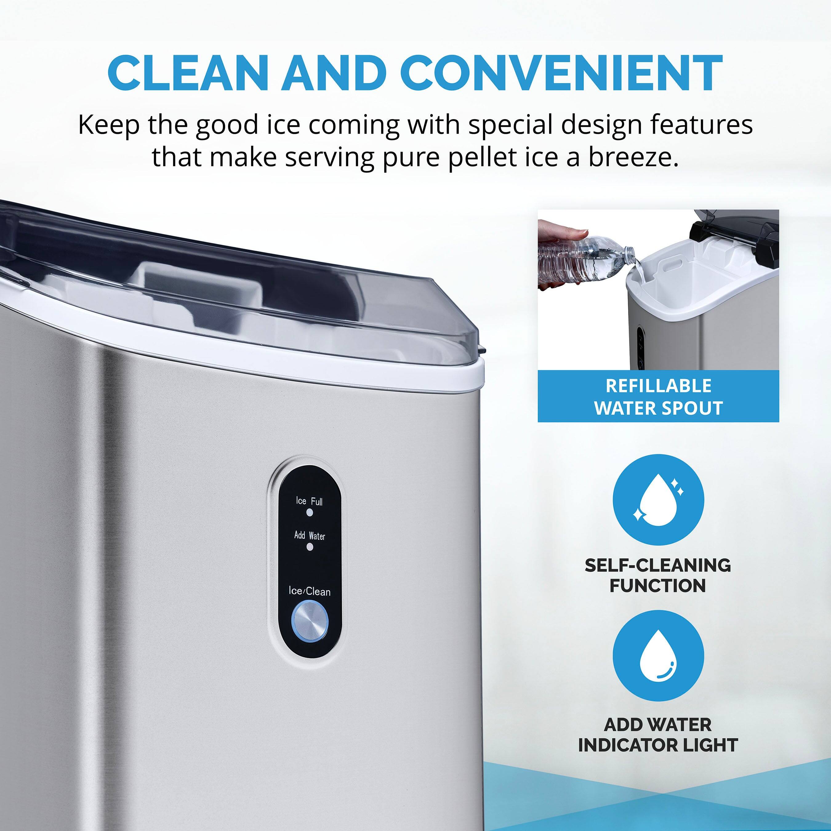 CLEAN AND CONVENIENT  
Keep the good ice coming with special design features that make serving pure pellet ice a breeze.

REFILLABLE WATER SPOUT

SELF-CLEANING FUNCTION

ADD WATER INDICATOR LIGHT