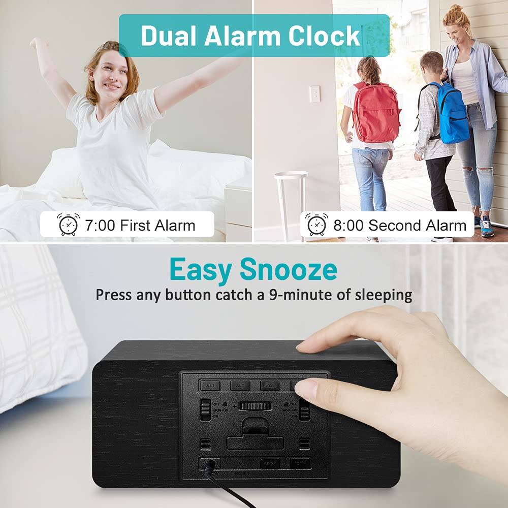 Dual Alarm Clock

7:00 First Alarm

8:00 Second Alarm

Easy Snooze

Press any button catch a 9-minute of sleeping