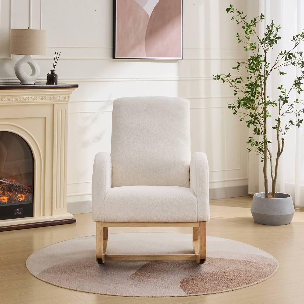 Left. Loheer - Loheer Ivory Sherpa Rocking Chair High Back Nursery Glider Accent Armchair with Side Pocket and Rubber Wood Legs - Ivory.