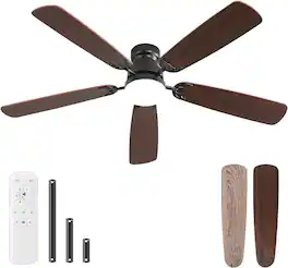 Sofucor - 52 Inch Flush Mount Ceiling Fan With Light and Remote Modern 3 Downrods Ceiling Fans for Bedroom Indoor Outdoor - Black