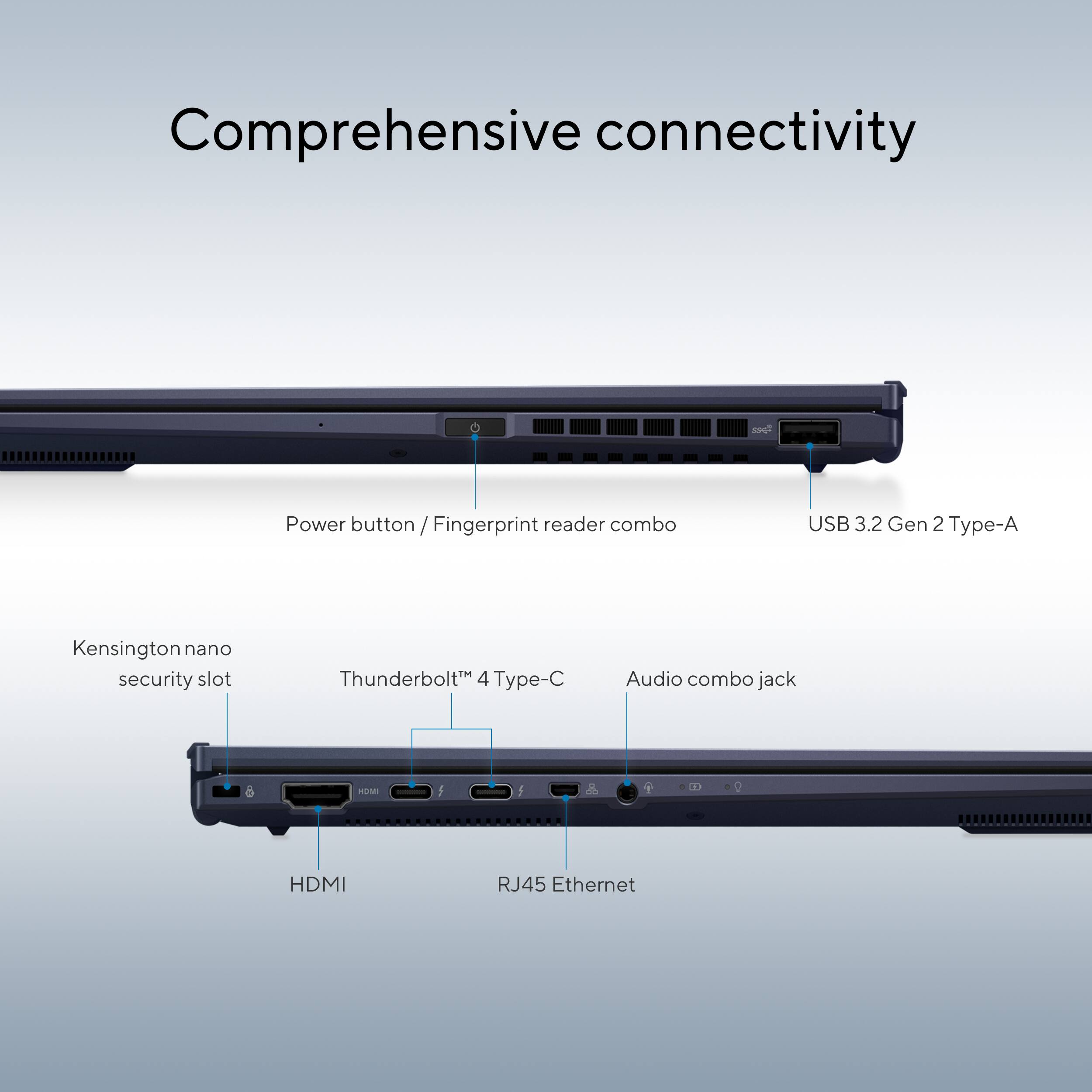 Comprehensive connectivity: Power button / Fingerprint reader combo, USB 3.2 Gen 2 Type-A, Kensington nano security slot, Thunderbolt 4 Type-C, Audio combo jack.