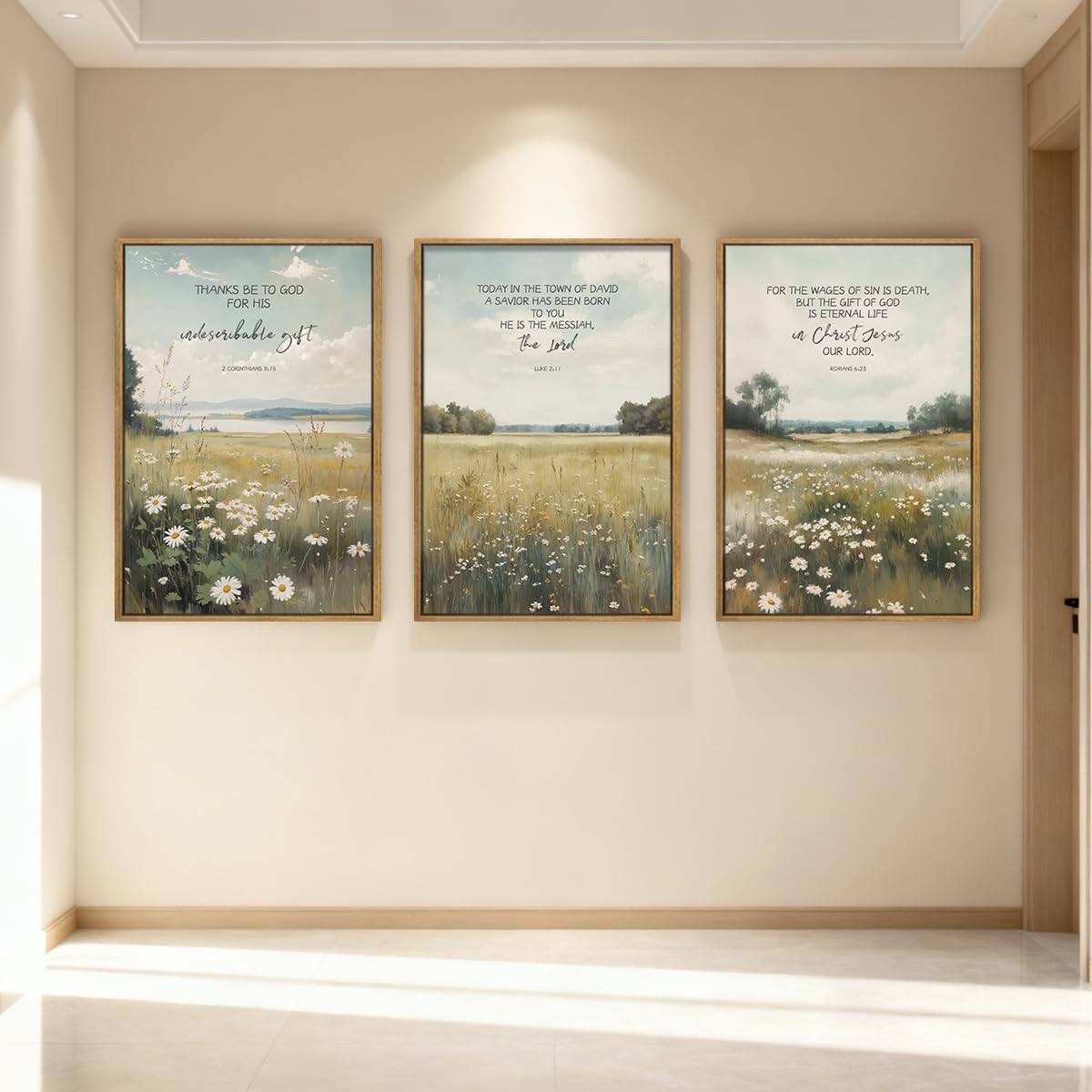 Sure, here is the corrected and grouped text from the image:
---
**Left Panel:**
"THANKS BE TO GOD FOR HIS INCONCEIVABLE GIFT"
**Middle Panel:**
"TODAY IN THE TOWN OF DAVID A SAVIOR HAS BEEN BORN TO YOU, WHICH IS CHRIST THE LORD."
**Right Panel:**
"FOR THE WAGES OF SIN IS DEATH, BUT THE GIFT OF GOD IS ETERNAL LIFE THROUGH CHRIST JESUS OUR LORD."
---