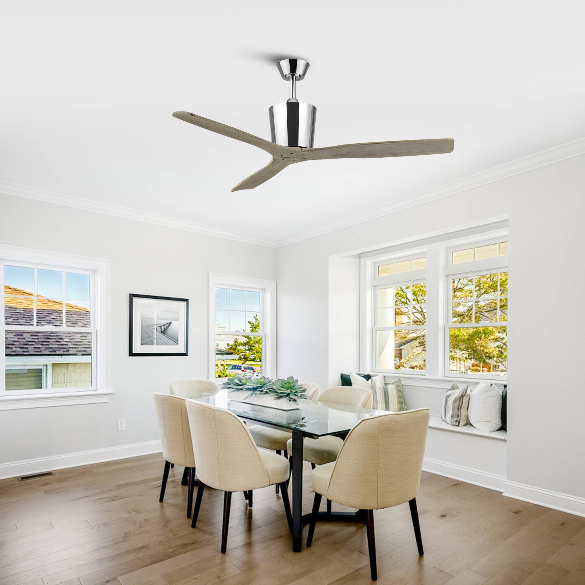 Back. Parrot Uncle - 54" Modern Solid Wood Chrome 6 Speeds Ceiling Fan with Remote, No Light - Chrome.