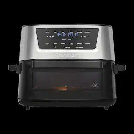 A Cuisinart toaster oven is shown with the temperature set at 450 degrees Fahrenheit. The oven is black and silver, and it has a digital display.