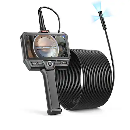Front. VEVOR - Triple Lens Endoscope with 32.8FT Newly Ultra-Rigid Cable, Industrial Borescope with Light, 5" HD IPS Screen - Black.