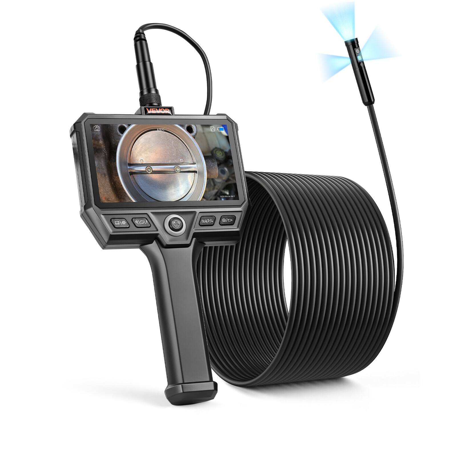 Front. VEVOR - Triple Lens Endoscope with 32.8FT Newly Ultra-Rigid Cable, Industrial Borescope with Light, 5" HD IPS Screen - Black.