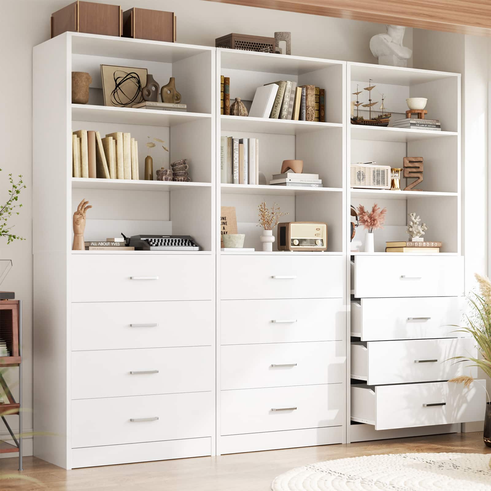 Aheaplus - 80'' Tall Bookcase with 12 Wooden Drawers, 65.8'' Wide Storage Unit with 6 Shelves, 3-Piece Set - White