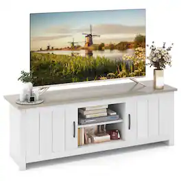 Pefilos - TV with 2 Cabinets Open Shelves for TVs up to 65 Inch-Natural, Mid Century Modern Living Room Bedroom TV Stand - Brown