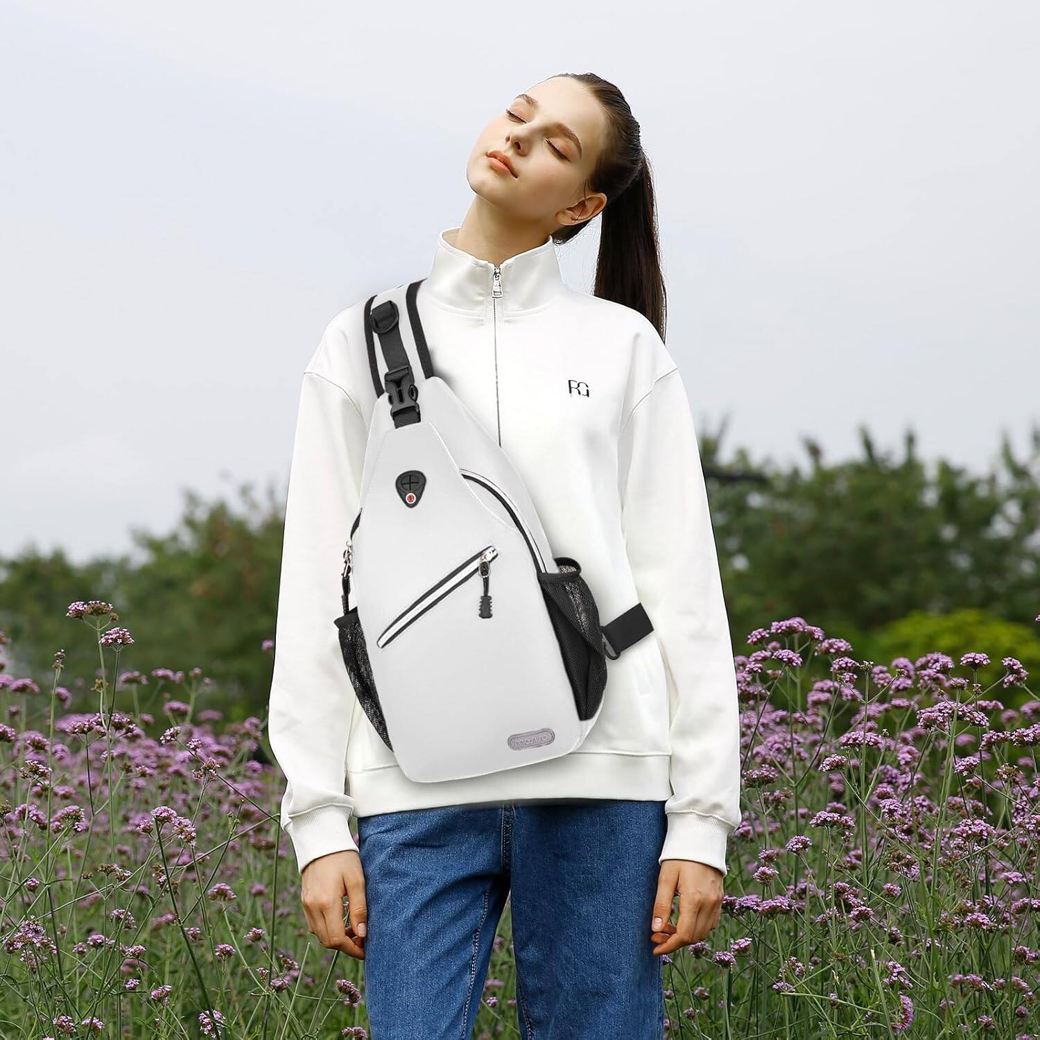 Alt View 3. mosiso - Sling Backpack Multipurpose Crossbody Shoulder Bag Travel Hiking Daypack - Ivory White.