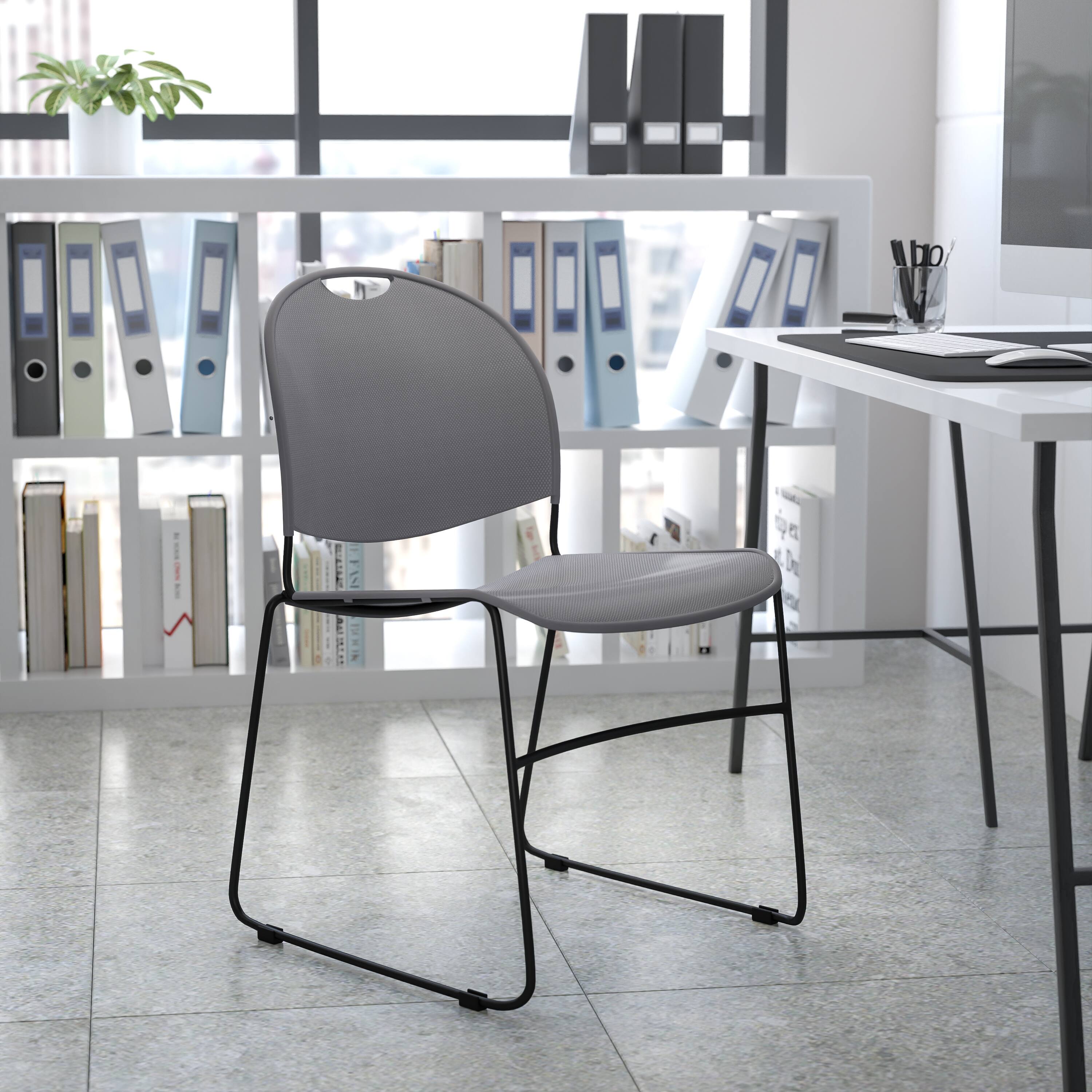 Alt View 1. Emma + Oliver - Ultra-Compact School Stack Chair - Office Guest Chair/Student Chair - Gray Plastic/Black Frame.