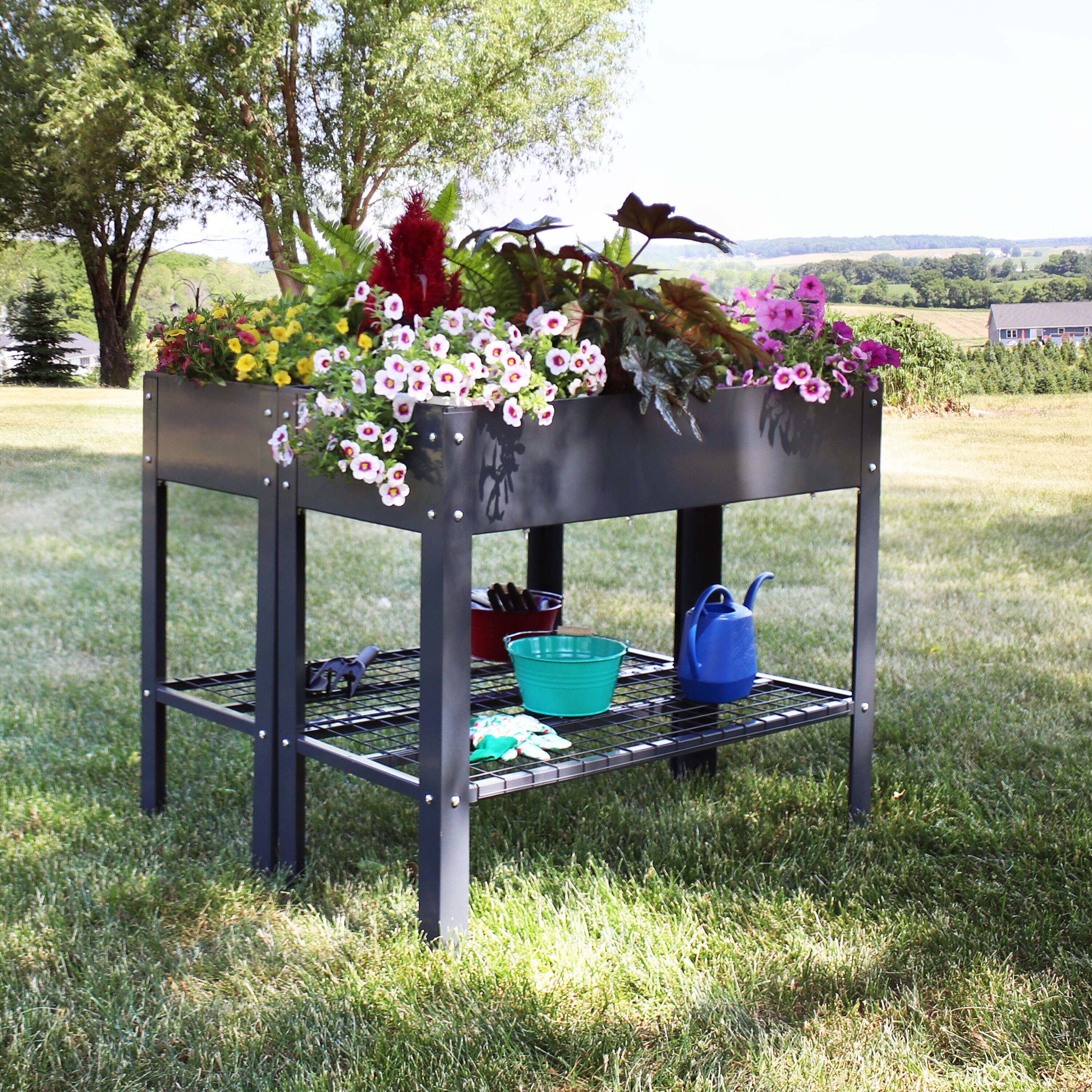 Alt View 4. Sunnydaze - Galvanized Steel Raised Bed with Mesh Shelf - Set of 2 - Dark Gray.