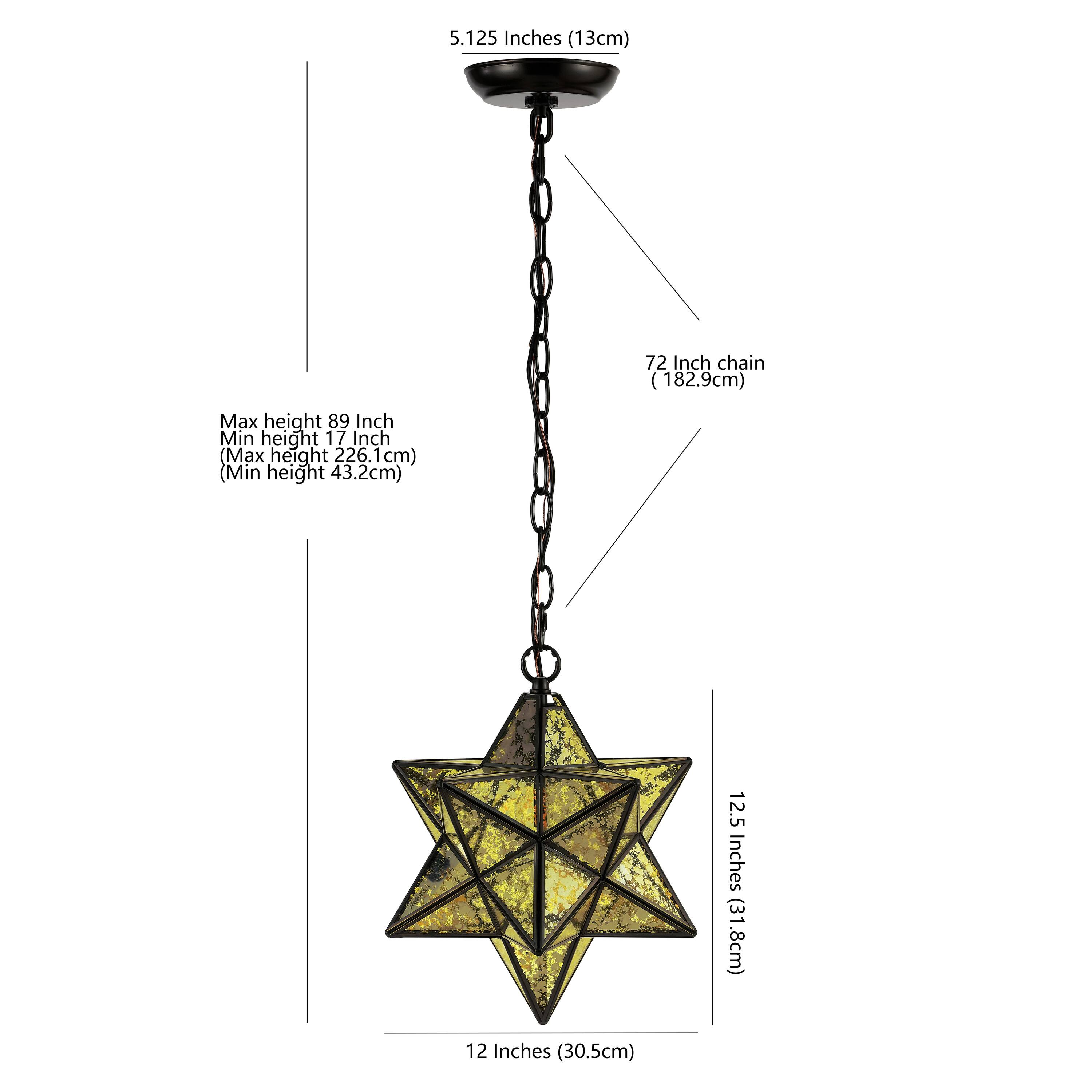 5.125 Inches (13cm)  
72 Inch chain (182.9cm)  
Max height 89 Inch (226.1cm)  
Min height 17 Inch (43.2cm)  
12.5 Inches (31.8cm)  
12 Inches (30.5cm)