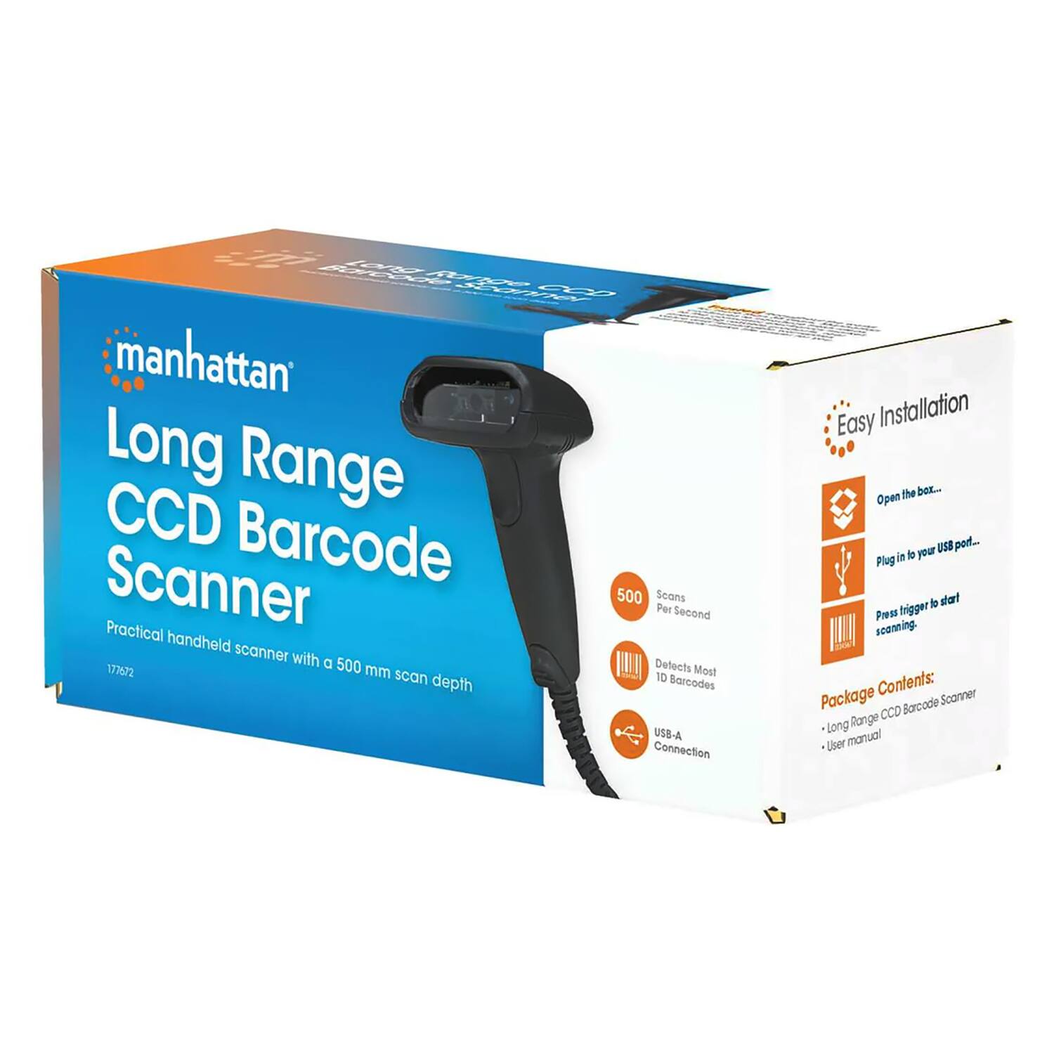 A 1e cts manhattan Long Range CCD Barcode Scanner 500 Scans Per Second Practical handheld scanner with a 177672 500 mm Detects Most scan 1D Barcodes depth USB-A Connection Easy Installation the box... Open USB port... in your Plug lo dat Press trigger scanning. Contents: Scanner Package CCD Barcode Long Range User manual