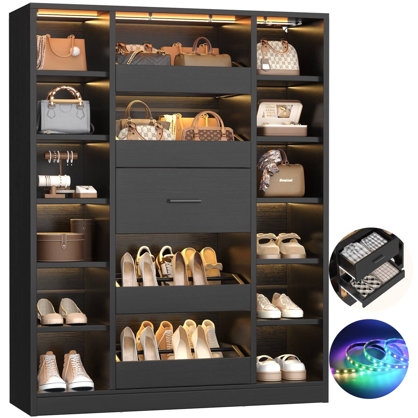 Angle. Aheaplus - 6-Tier Shoe Cabinet with 12 Shelves and 5 Drawers, 40'' Wide Shoe Rack with LED Lights, Holds Up 30+ Pairs of Shoes - Black.