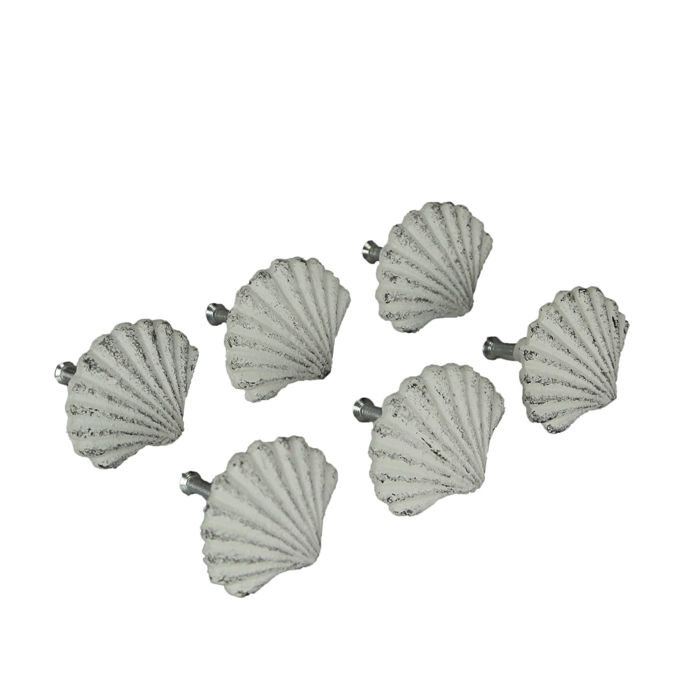 Zeckos - Set of 6 Cast Iron Scallop Sea Shell Drawer Pulls Nautical Cabinet Knobs - White