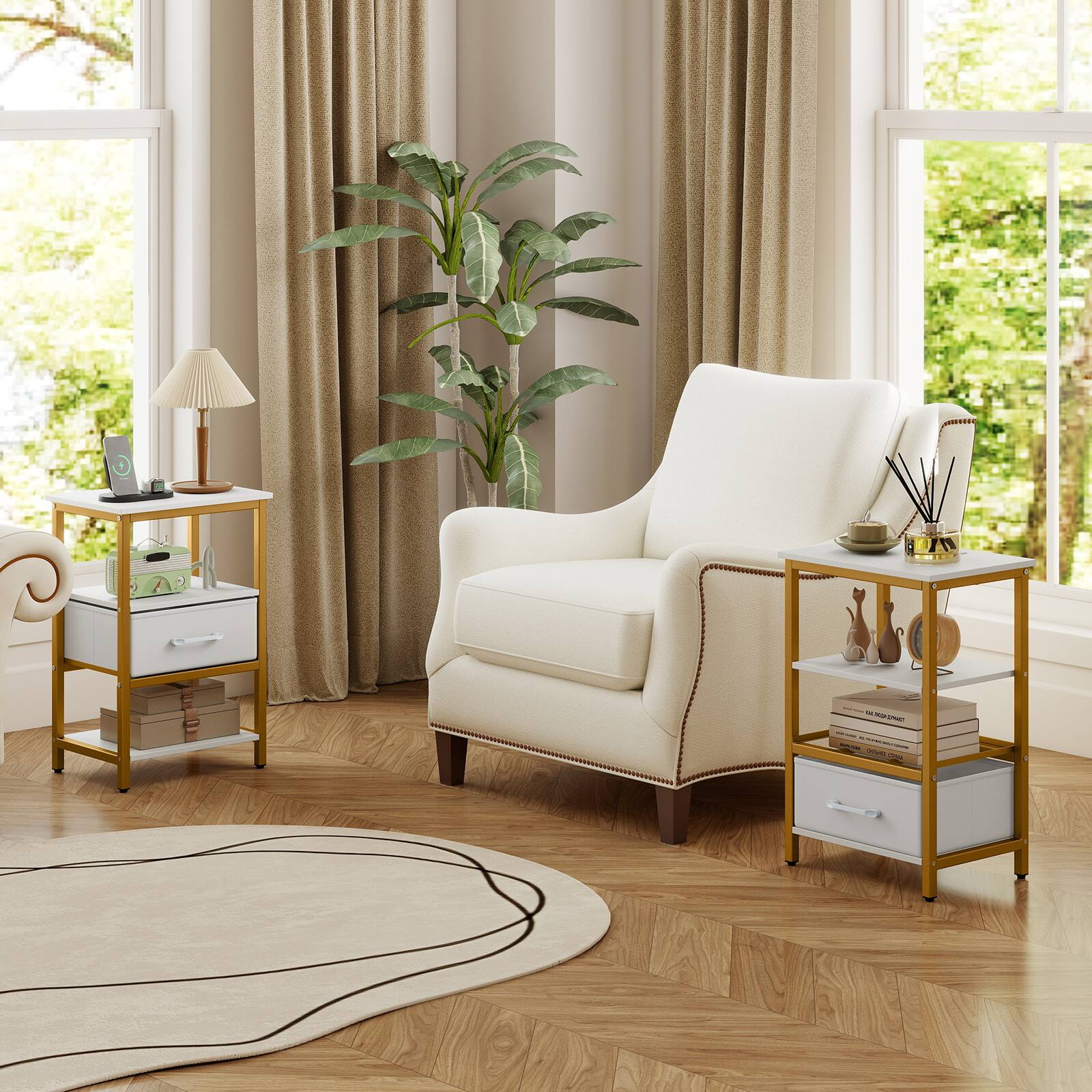 Alt View 8. Gymax - Gymax Nightstand w/Charging Station Fabric Drawer & Open Storage Shelves Metal Frame - White.